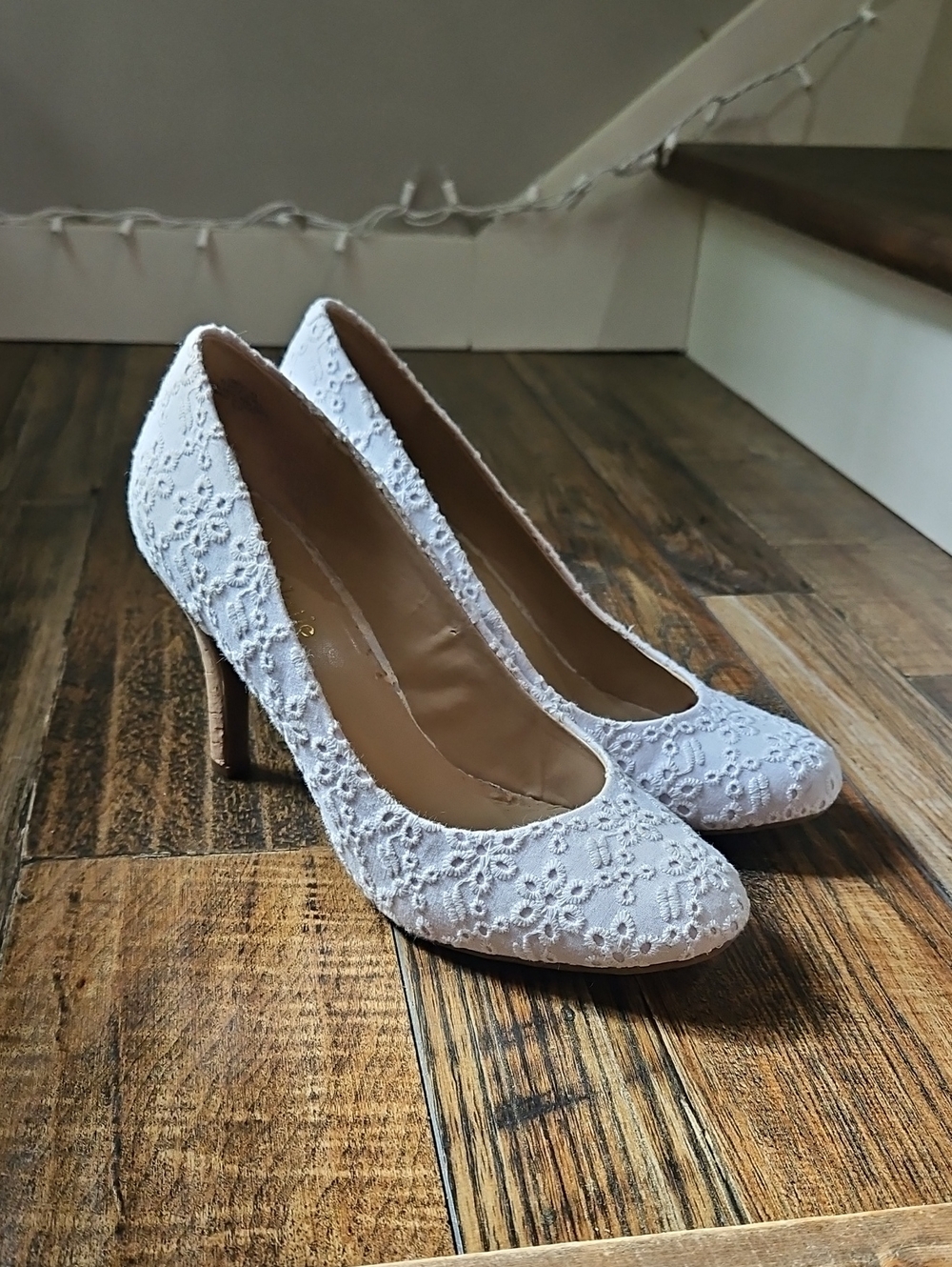 Kelly & Katie Elegant Summer White Eyelet Lace Women's Pump Cork Heels